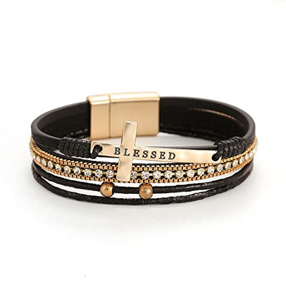 Bohemian Faux Leather Wrap Multi Layer Statement Bracelet Cross Christian Religious Leatherette Cuff Crystal Rhinestone Metallic Bead Inspirational Bracelets - color: H