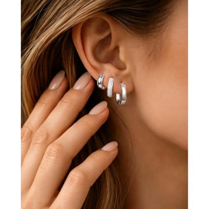 3 Pairs Chunky Small Hoops Set Huggie Earring Stack | Non Tarnish Hypoallergenic 925 Silver Square Earrings Waterproof Cubic Zirconia Hoop Earrings Chunky Gold Small Hoops - color: Silver