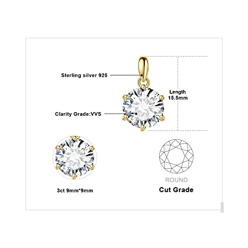 JewelryPalace Round 1ct 2ct 3ct Cubic Zirconia Solitaire Pendant Necklace for Women, 925 Sterling Silver 14k White Gold Plated Necklaces for Her, Classic Simulated Diamond Jewelry Set, 18 Inches chain - color: H-3ct-CZ-Yellow Gold Plated