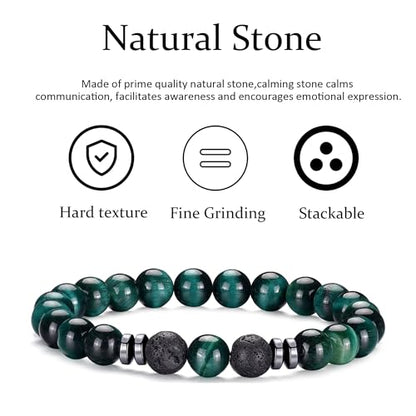 Mens Beaded Bracelets Set 8MM Tiger Eye Lava Stone Stretch Natural Stone Men's Bead Bracelet Mens Bracelet - color: 3, Green Tiger Eye, Frosted, Volcano Bracelet