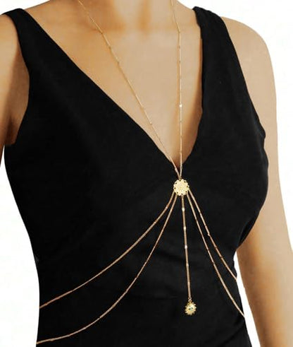 Gold Plated Body Chain for Women, Layered Bikini Waist Chain | Sexy Rhinestone Body Jewelry, Chest Belly Chain, Adjustable Fit, Crossover Design, Summer Beach Parties and Vacations - color: Gold11