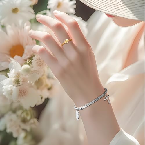 DS Inspirational Bracelet for Women Christian Engraved Bibler Verse Cross Butterfly Daisies Charm Bracelet, Exquisite Stainless Steel Jewelry Daughter Best Friend Bestie - style: I am with you always-Silver