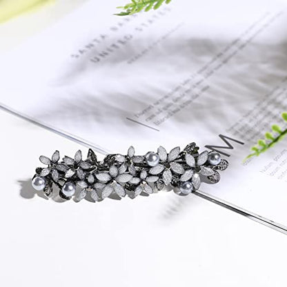 Flower Rhinestone Hair Barrettes for Women Fine Hair Glitter Sparkle Fancy Hair Clips for Women And Girls Elegant Pearl Barrettes (Light Grey) - color: Light Grey