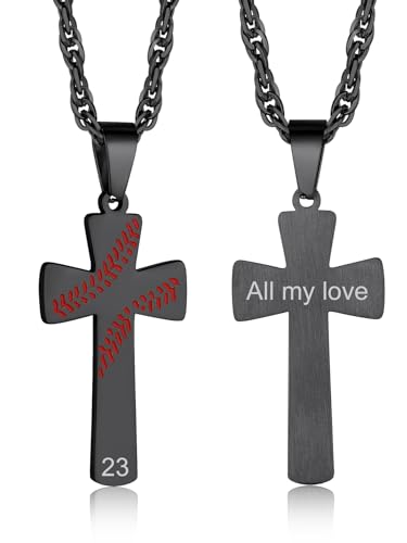 GOLDCHIC JEWELRY Sport Necklaces for Men Teen, Football Baseball Soccer Basketball Softball Necklaces with Stainless Steel Chain Athlete Jewelry Sports Fan Gift - color: Baseball Pattern Cross-Black, style: Personalised Engraving