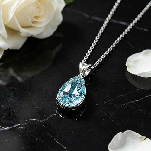 Women's Dainty Blue Teardrop CZ Pendant Necklace, 925 Silver Plated Cubic Zirconia Choker Necklace, Fashion Jewelry, Suitable for Party, Wedding, Daily Wear, Thoughtful Gift for Women