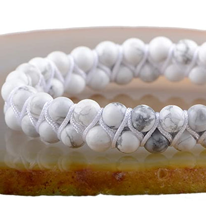 MASSIVE BEADS Double Layer Natural Chakra Healing Power Crystals Macrame Bracelet Yoga Stone Beads Gemstone Meditation Relax Anxiety Bangle for Unisex Women Men - color: Howlite, size: 6mm