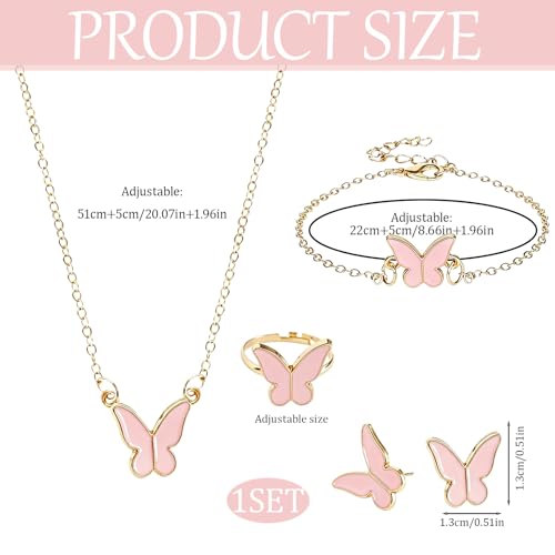 Butterfly Jewelry Set, Including Butterfly Necklace, Bracelet, Stud Earrings, and Adjustable Ring for Women - color: Pink