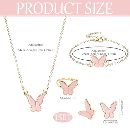 Butterfly Jewelry Set, Including Butterfly Necklace, Bracelet, Stud Earrings, and Adjustable Ring for Women - color: Pink