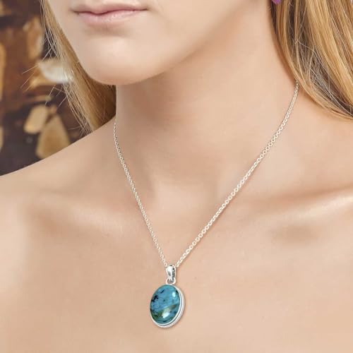 Chunky Natural Gemstone Pendant Necklace For Women Onyx, Turquoise, Amber, Garnet Oval Boho Genuine 925 Sterling Silver Handmade Jewelry - color: Chrysocolla