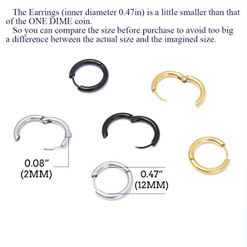 Stainless Steel Hoop Earrings for Men - Hinged Hoop Huggie Piercing Earrings Set For Men Women, Hypoallergenic Lobes Small Round Earrings - color: 3 Color Inner Diameter 0.47" (12MM)