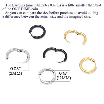 Stainless Steel Hoop Earrings for Men - Hinged Hoop Huggie Piercing Earrings Set For Men Women, Hypoallergenic Lobes Small Round Earrings - color: 3 Color Inner Diameter 0.47" (12MM)