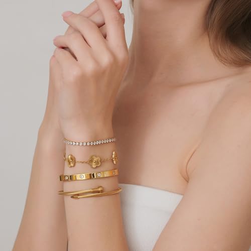 18 K Gold Plated Love Bangle Bracelet Stack for Women,Set of 4 Floral Clover Chain, Tennis Crystal &Gold Stackable Bangle Bracelet -Adjustable Layered Jewelry Gift for Wife Valentines Mother's Day-MVCOLEDY - color: Gold