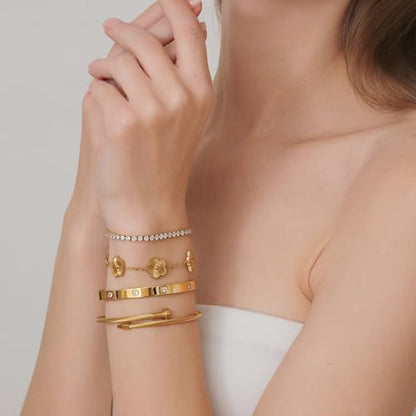 18 K Gold Plated Love Bangle Bracelet Stack for Women,Set of 4 Floral Clover Chain, Tennis Crystal &Gold Stackable Bangle Bracelet -Adjustable Layered Jewelry Gift for Wife Valentines Mother's Day-MVCOLEDY - color: Gold