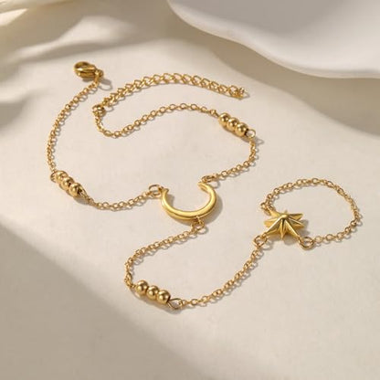 Lunar Hand Chain – Adjustable 18K Gold Plated Crescent Moon Bracelet for Women Delicate Gold Moon Jewelry Lightweight Elegant Charm Bracelet - color: Gold