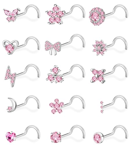 Gold L Shaped Corkscrew Nose Rings for Women 20G Nose Piercings Heart Butterfly Flower Bow Moon Nose Studs Stainless Steel Nose Piercing Jewelry - color: Silver Tone Pink CZ Corkscrew