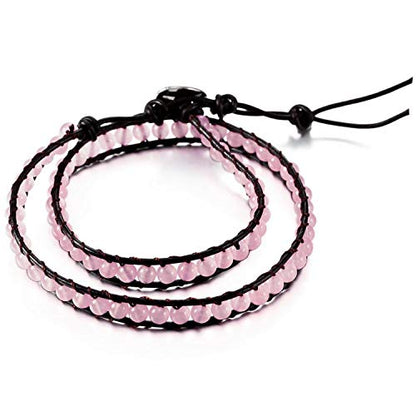 Boho Bracelets Adjustable Rope Buckle Handmade Leather-Wrapped Bracelet Jewelry Bohemian Style Bracelets Natural Stone Wrap Bracelets Variety Beads Strand Bracelet - color: Pink