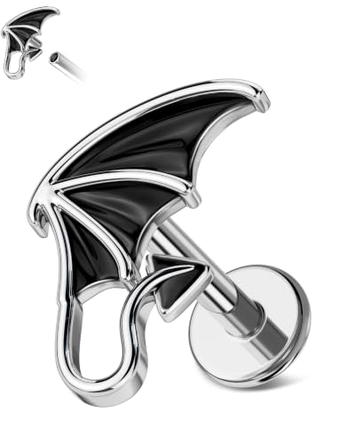 CM Crareesi Mania Helix Stud Earrings 16G Burn Silver Bat Helix Piercing Jewelry 316L Stainless Steel Cartilage Studs Flat Back Earrings Gothic Labret Lip Rings