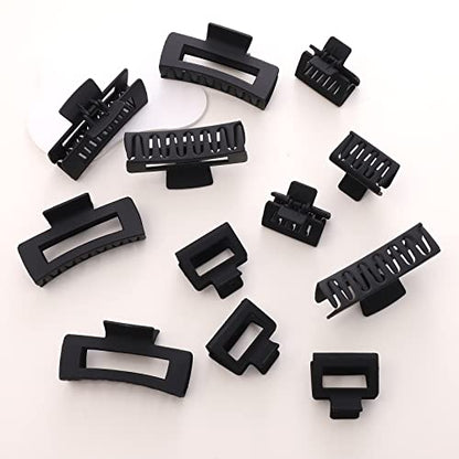 12 Pack Black Square Claw Clips, Big and Small Neutral Rectangle Hair Claw, Non-slip Matte Large Hair Clips for Women,Strong Hold jaw clip for Thick Thin Hair - color: Mixed Black