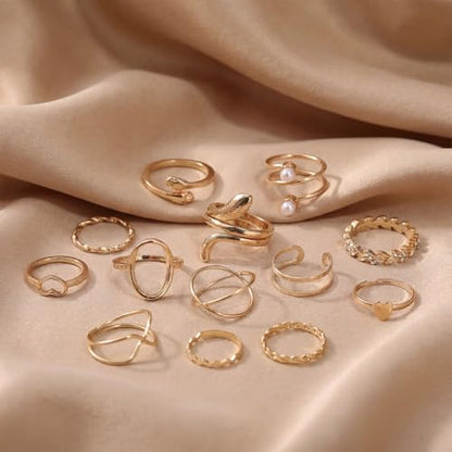 42-Piece Gold Tone Stackable Ring Set for Women, Boho Minimalist Stacking Rings with Crystal & Heart Accents, Adjustable Open Band Jewelry for Daily Wear - style: TZJ-003354-01