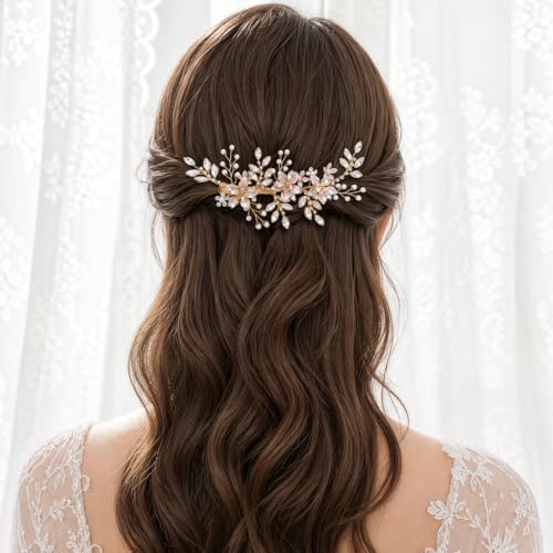 SWEETV Wedding Hair Clip for Brides Comb Bridal Hair Accessories Headpiece | Gold Handmade Flower Pearl Hair Comb Rhinestone Leaf Bridal Headpiece, Crystal Wedding Hair Pieces Brides Bridesmaids Women - color: Rose Gold
