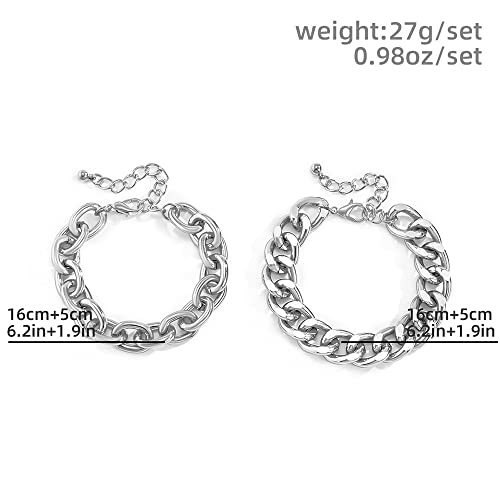 Boho Fashion Dainty Simple Gold Silver Chain Beads Bracelets Set for Women Adjustable Beaded Chunky Flat Cable Chain Punk Bracelets Jewelry for Women Gift Set of 2 (Silver) - color: Silver