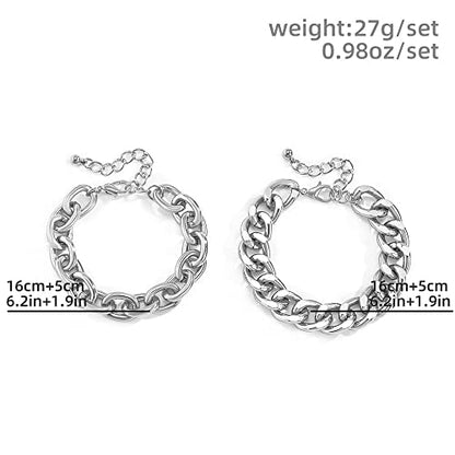 Boho Fashion Dainty Simple Gold Silver Chain Beads Bracelets Set for Women Adjustable Beaded Chunky Flat Cable Chain Punk Bracelets Jewelry for Women Gift Set of 2 (Silver) - color: Silver