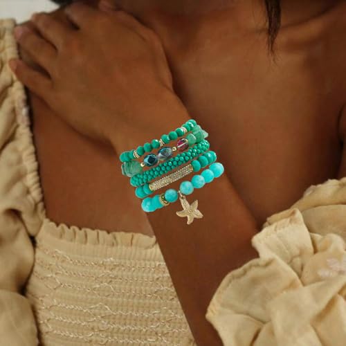 Yomisa Boho Beaded Bracelets/Bangle for Women,Multilayer 5/6/7PCS Healing Natural Handmade Stone Bead Bracelets Stackable Stretch Friendship Beaded Bracelet Set Trendy Western Bohemian Jewelry Gift - color: 5pcs-Green