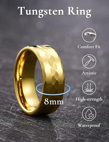 King Will Hammered 8mm Silver Tungsten Ring Hammer Men Wedding Band Comfort Fit - color: Multi-Faceted Gold