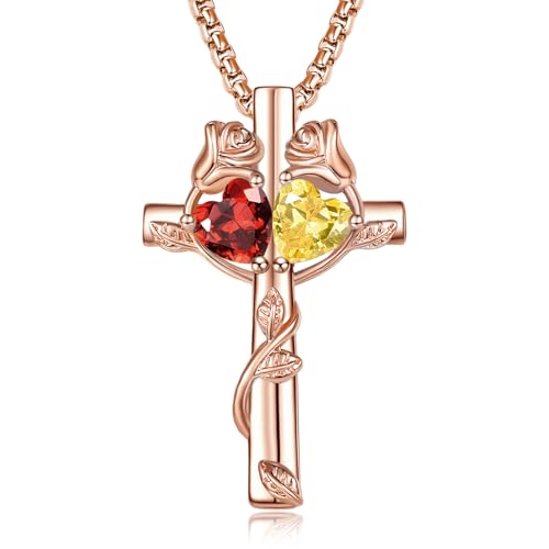 Rose Gold Cross Necklace with 2 Birthstones and Rose | Cross with Birthstone Necklace, Hypoallergenic, Adjustable Rolo Chain, Birthday Gifts, Catholic Christian Religious Jewelry - color: 01-11-Jan-Nov Birthstone
