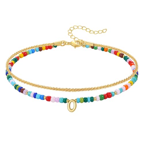 KissYan Initial Ankle Bracelets for Women | Layered Colorful Beaded Anklet with 14K Gold Chain, Waterproof Dainty Jewelry Gift for Summer Beach - style: O