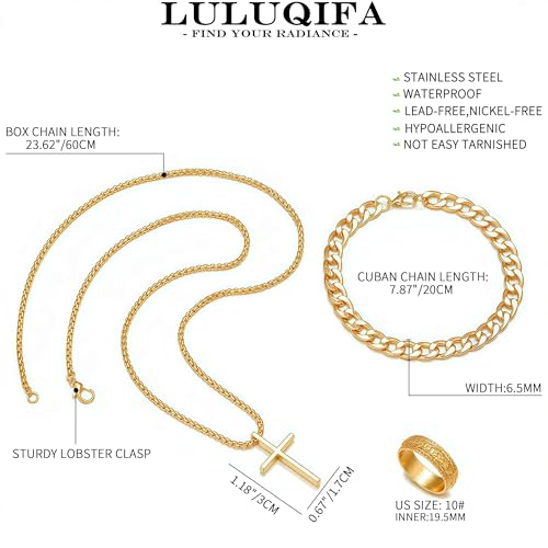 3-Piece Cross Pendant Necklaces Bracelets Rings Jewelry Sets for Men Women,Cuban Chain Bangle,Adjustable Box Link,Religious Charm,Fashion Jewelry Accessories for Party Birthday Gifts - color: Gold