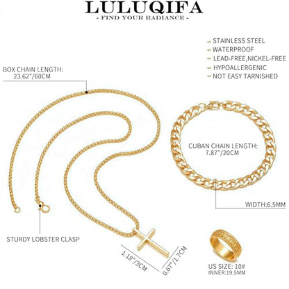 3-Piece Cross Pendant Necklaces Bracelets Rings Jewelry Sets for Men Women,Cuban Chain Bangle,Adjustable Box Link,Religious Charm,Fashion Jewelry Accessories for Party Birthday Gifts - color: Gold