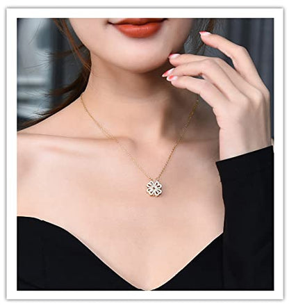 Four Leaf Clover Necklace Foldable for Women,925 Sterling SIlver Bling zircon stone Four Heart Grass Women's Necklaces Crocker ,Retro Magnetic Folding Love Heart Pendant One Style,Two Wearing Methods - color: Gold