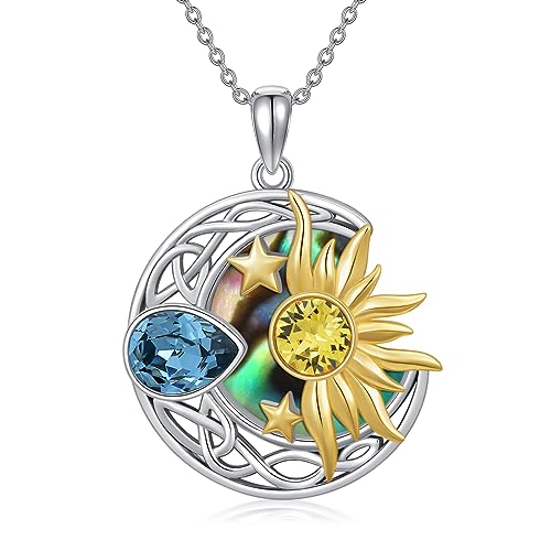 AOBOCO 925 Sterling Silver Moon Sun Star Necklace Celtic Jewelry for Women Girls - color: Silver&Gold&Abalone Shell