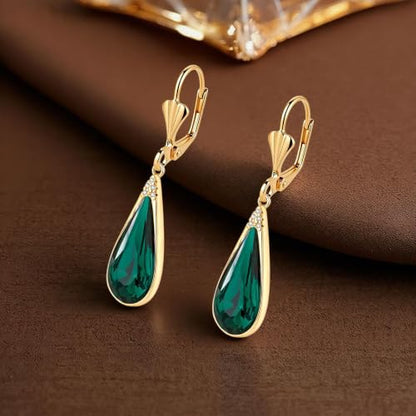 Teardrop Austrian Crystal Leverback Dangle Drop Earrings for Women | 14K Gold Plated,Classic Teardrop Elegance,Leverback for Easy Secure Wear,Gift Box Included, Brighten Up Daily and Party Looks - color: Emerald Green