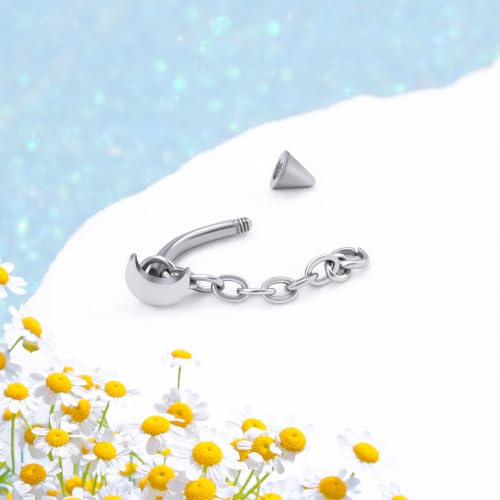 3 Pcs 316L Stainless Steel 16G Tragus Helix Rook Piercing Jewelry with Chain, Cartilage Earrings for Women, Belly Button Ring Vertical Labret Lip Piercing Jewelry - color: Silver, size: Moon