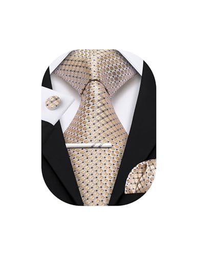 YOHOWA Men Plaid/Striped Ties Clip Set Silk Necktie Pocket Square Cufflinks | Woven Classic,Formal/Casual Mens Tie,Pocket Square Cufflinks Set,Luxury,Business,Wedding,Party,Prom,Graduation - color: Champagne Gold