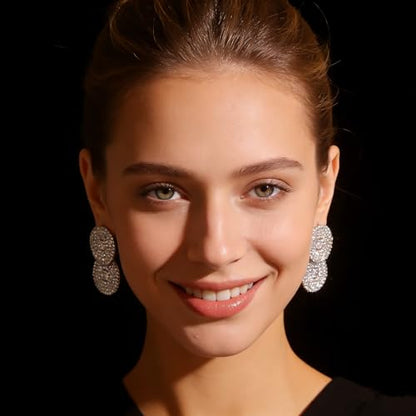 Rhinestone Earrings Dangling for Women Sparkly Silver Dangle Earrings Girls Long Chandelier Earrings Tassel Lightweight Ear Studs Cubic Zirconia (KE001S-W) - color: Double Circle BXE009S