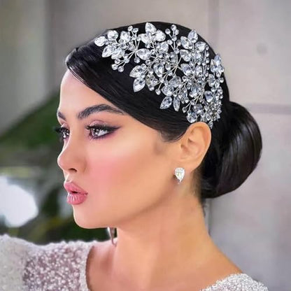 2 PCS Wedding Headpiece for Bride, Handmade Bridal Hair Accessories, Rhinestone Bride Headband - color: Silver-P