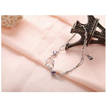 kelistom 925 Sterling Silver Bracelets for Women Teens, Love Heart Charm Chain Bracelet Bangle Fashion Jewelry Gifts - color: purple heart-1