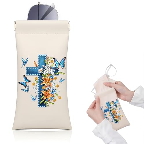 Diamond Art Painting Eye Glass Bag PU Sunglasses Glasses Storage Bag Built-in Glasses Cloth Press Automatic Closure - color: Cross