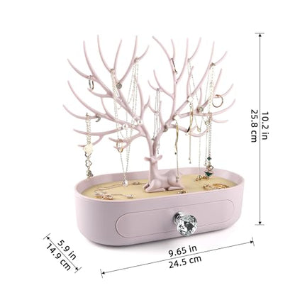MORE&LESS Antlers Jewelry Display Stand with Drawer and Crystal Handle, Tree Tower Rack Hanging Organizer for Ring Earrings Necklace Bracelet - color: C Light Pink-Drawer-Crystal Handle