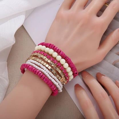 LUREME Boho Multi Strand Stackable Stretch Bracelet Set Wooden Cube Alloy Bead Bangle bl003172 - color: Fushia