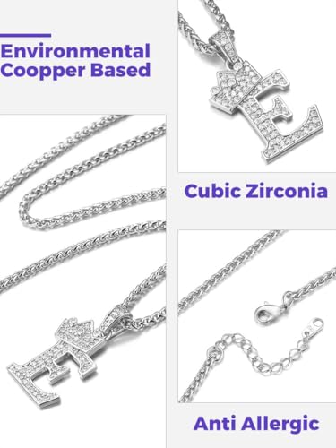 Richsteel Silver Crown Initial A-Z Letter Pendant Necklace for Men Women | Cubic Zirconia Monogram, 316L Steel Chain, 22" + 2" Extender,Hypoallergenic,Gift Box, Hip Hop Jewelry - style: E