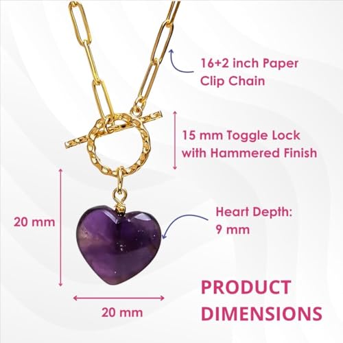 Gempires Gemstone Heart Pendant Necklace for Women, Gold Toggle Birthstone | Handmade gemstone heart pendant necklace — choose from 11 stones and birthstones, gold toggle paperclip chain. - color: Amethyst