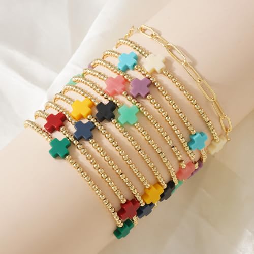 Colorful Stackable Rice Small Mini Seed Beaded Bracelets Set For Women, Handmade Dainty Boho Gold Glass Stretch Accessories Jewelry,Summer Beach Party Daily Friendship Gift - color: 11Pcs Cross