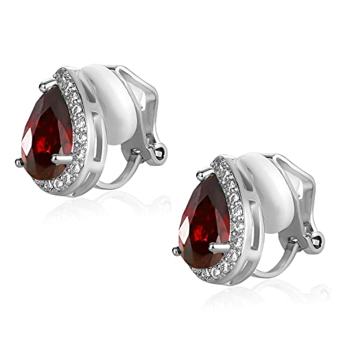 SELOVO Clip On earrings for Women Teardrop Cubic Zirconia Clip Earrings Stud - color: Red