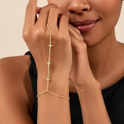 Cicy Bell Hand Chain Bracelets for Women 18K Gold Plated | Layered Stackable Dainty Ring Bracelets, Adjustable Satellite Bead Dot Link Finger Bracelets - color: Style L-Gold