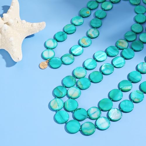 Firstmeet Flat Round Coin Shell Beads Long Knotted Necklace Natural Mother of Pearl Handmade Jewelry For Women - color: Teal