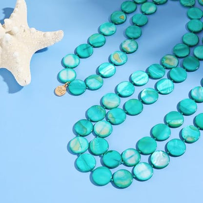 Firstmeet Flat Round Coin Shell Beads Long Knotted Necklace Natural Mother of Pearl Handmade Jewelry For Women - color: Teal